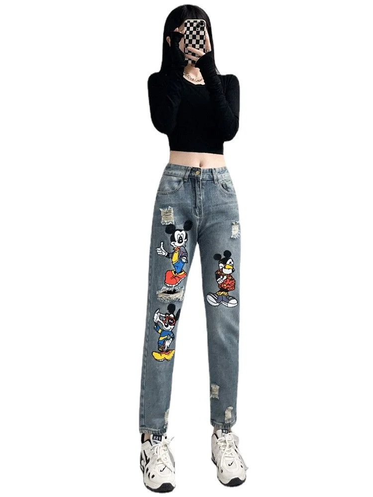 

Disney Mickey Mouse Pants Vintage High Waist Jeans Woman Girlfriends Women's Jeans Full Length Mom Jeans Cowboy Denim Pants