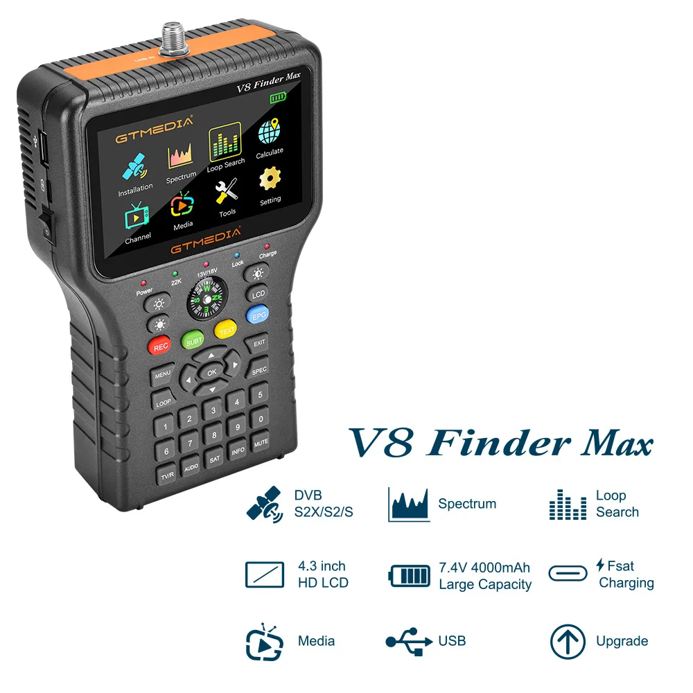 

GTMEDIA V8 Finder MAX DVB-S2 T2 C Ahd Atsc HD Star H.265 Finder Satellite Meter USB/HDMI/AV Terrestrial Meter Spectrum Analyzer