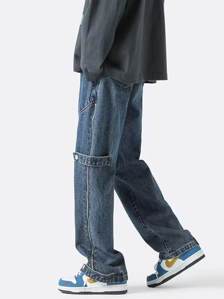 Side Zipper Open Design Men's Loose Denim Trousers Retro Straight Street Loose Wide Leg Split Trousers Designer Jeans Pants Men