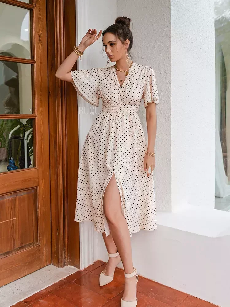 

Simplee Chic polka dot botton a-line dress women Bell sleeve high waist maxi vestido elegant Office white dresses summer 2022