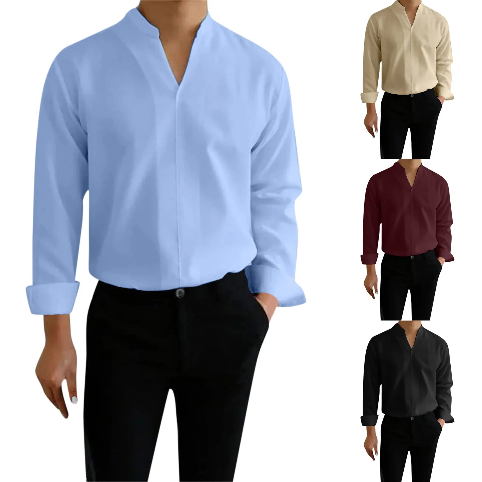 

Мужская Однотонная футболка с V-образным вырезом и длинным рукавом