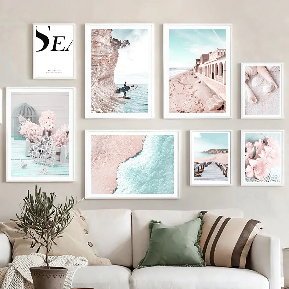 

Pink Flower Beach Blue Sea Shell Bridge Wall Art Canvas Painting Nordic Posters And Prints Wall Pictures For Living Room Decor