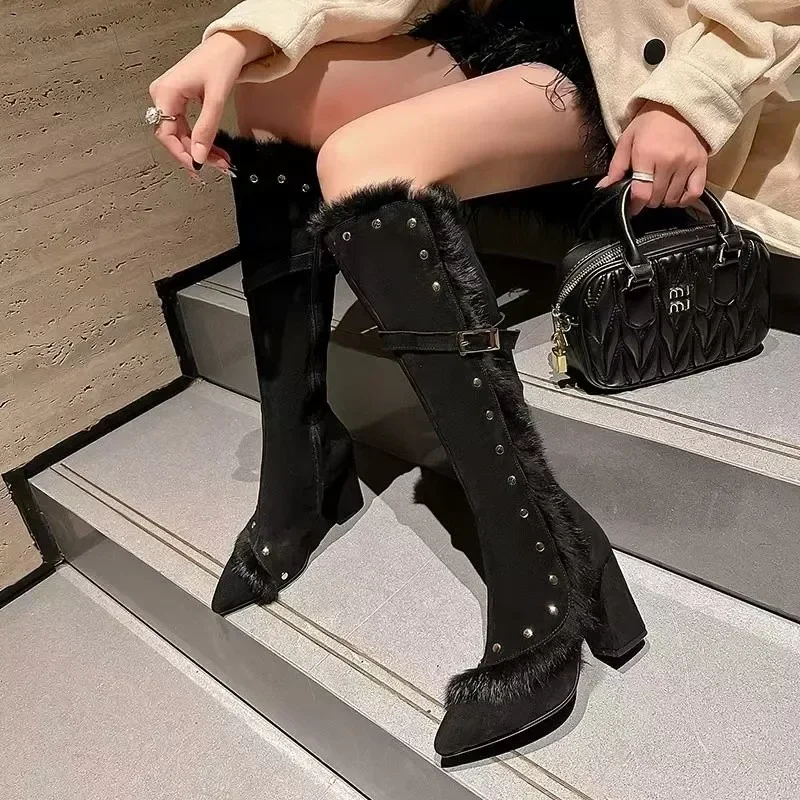 Элегантные женские высокие сапоги на меху замшевые туфли до колена высоком