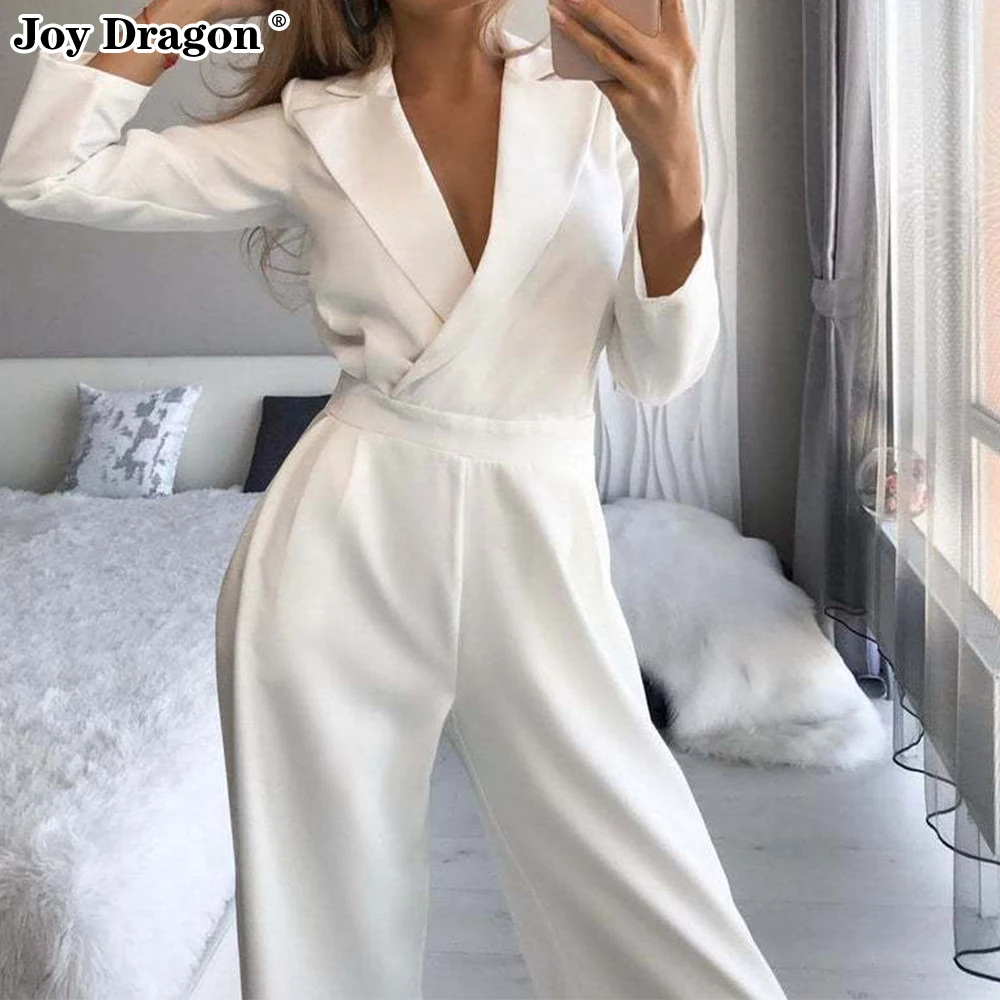 Autumn Female Overalls Bodysuit Club Sexy Party Elegant One Piece Outfit Simplee Jumpsuit Long Sleeve White Wide Pant Woman