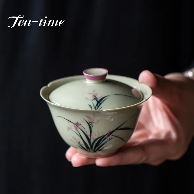 

Pure Hand-painted Kuikou Plant Ash Tea Tureen Gaiwan Household Hand-made Tea Bowl Dehua Antique Mud Ceramic Kung Fu Tea Set