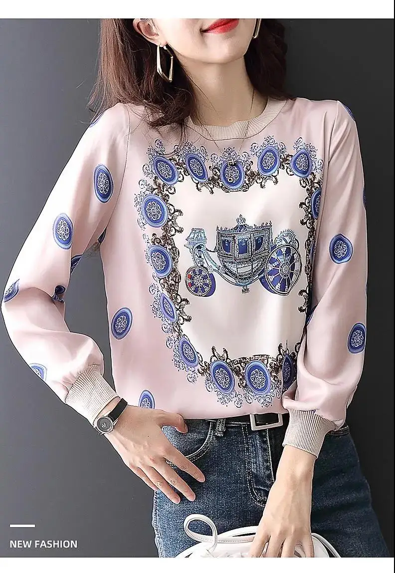 

Autumn Women Print Pullovers Lady Vintage Print Blouses Femme Pink Tops