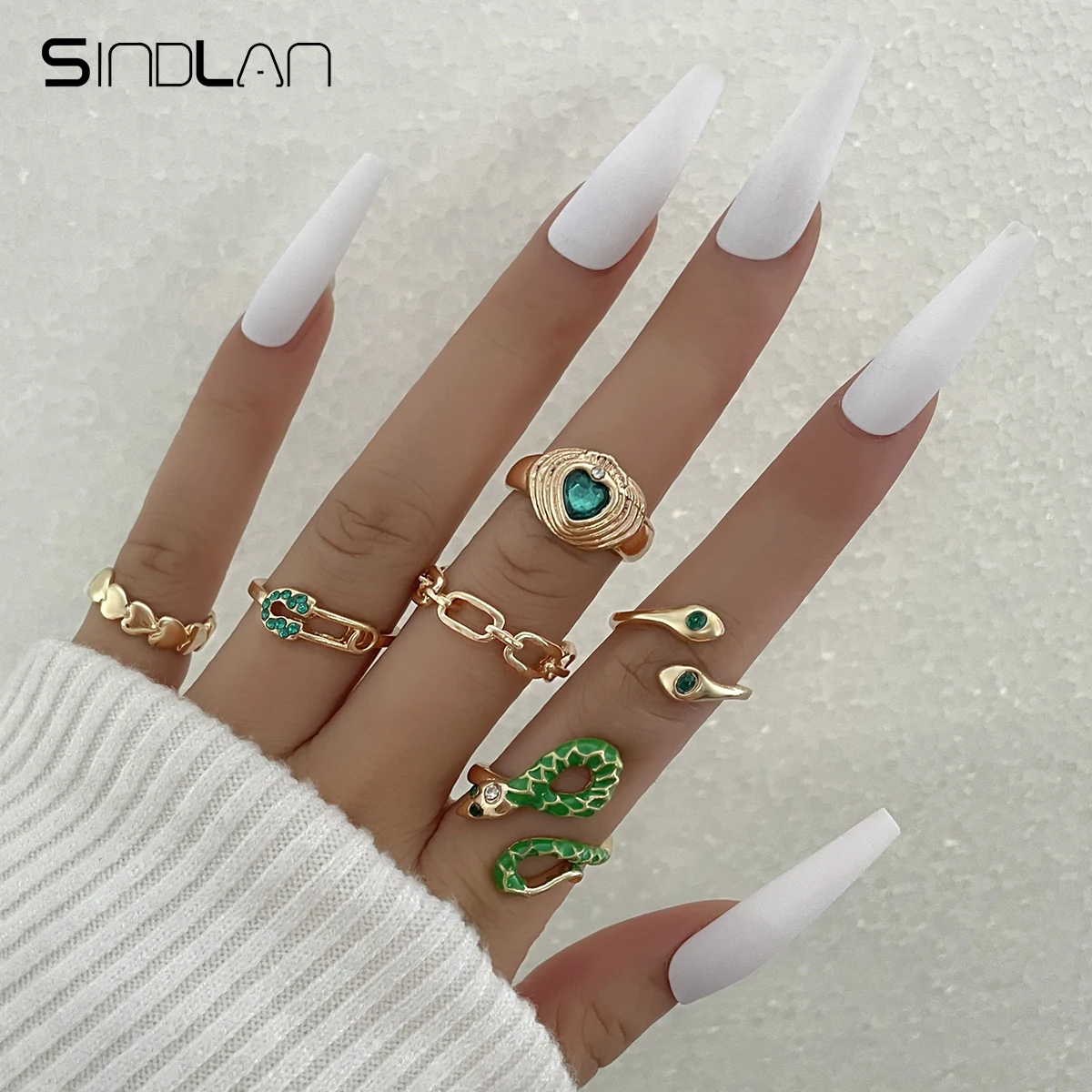 

Sindlan 6Pcs Vintage Heart Gold Color Rings for Women Y2k Aesthetic Green Crystal Set Snake Za Female Kpop Jewelry Anillos Mujer