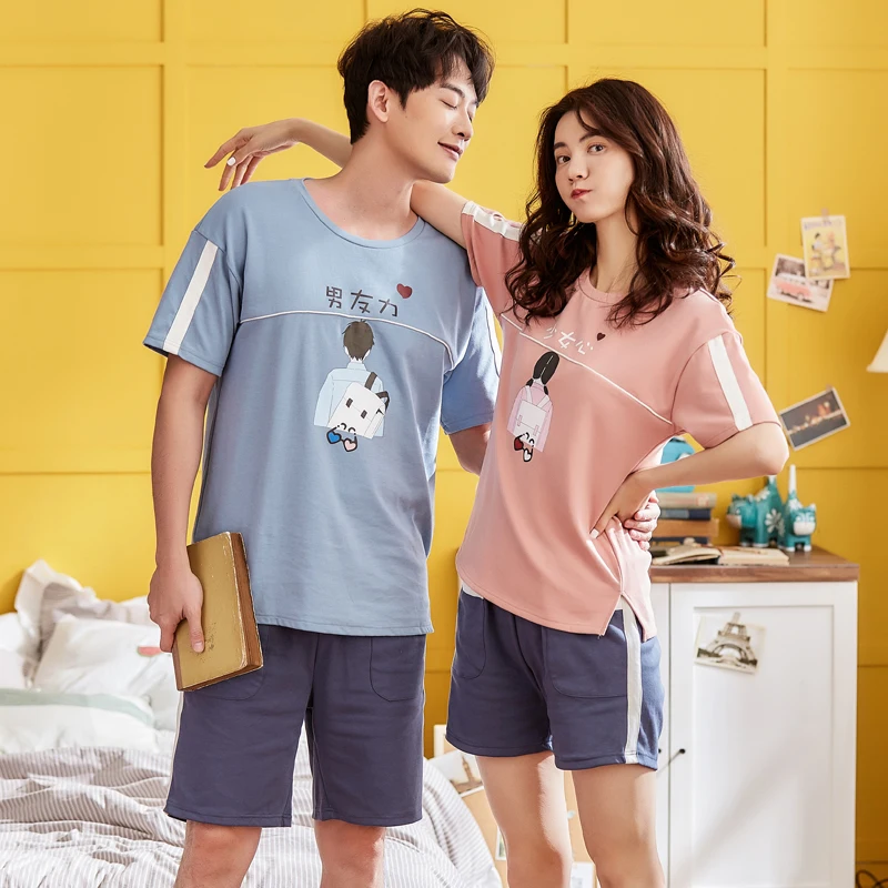 

Couple Pajamas Set Men And Women 100% Cotton Pyjamas Short Sleeve Sleepwear 2 piece Set