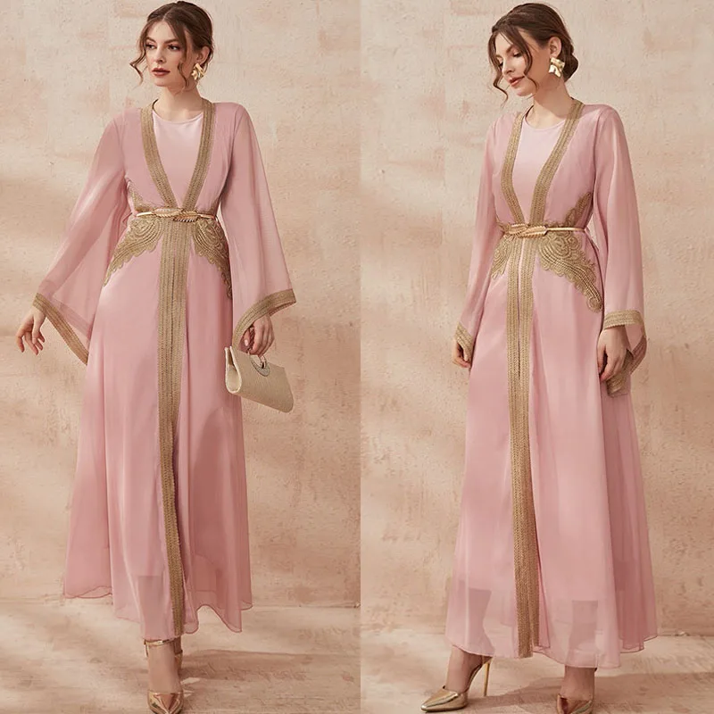 

2023 New Chiffon Muslim Plain Abaya Pink Modest Dress and Kimono Sets Fashion Arab Women's Dubai Abayas Islam Clothing