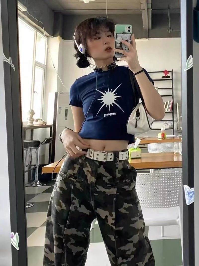 

Футболка женская с круглым вырезом и коротким рукавом, облегающий кроп-топ с принтом солнца, хлопковая тёмно-синяя рубашка в американском стиле, Y2k, лето