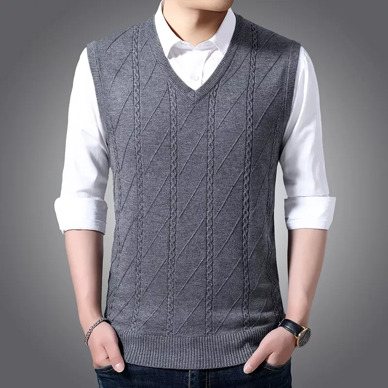 

2022New Style Autumn Men's Business Wool Vest Sweater Fashion Casual Twist Pattern V-neck Sleeveless Vest Male Brand Clothin