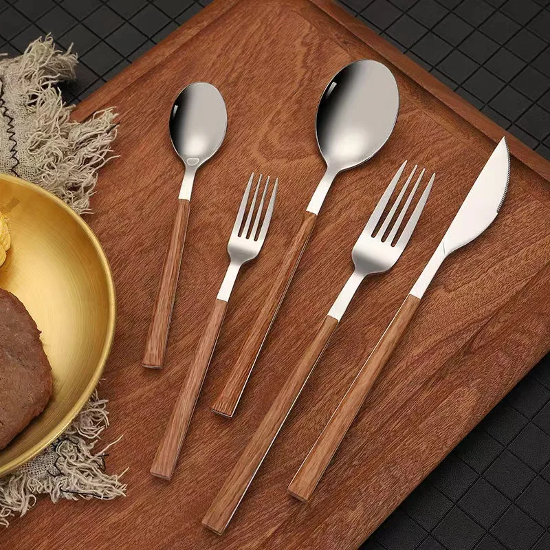 

5pcs Stainless Steel Western Spoon Knife and Fork Set Vintage Imitation Wood Grain Set Dessert Spoon Fruit Fork Dining Table Set