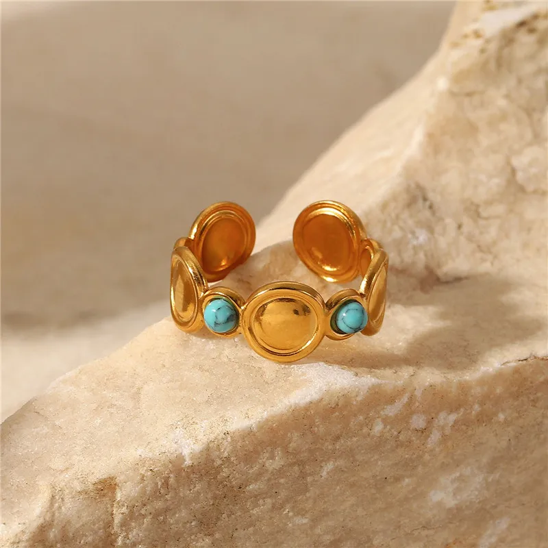 

Luxury Beautiful Natural Turquoise Stainless Steel Adjustable Rings Women Bohemia Index Ring Fashion Design Jewelry Accessories