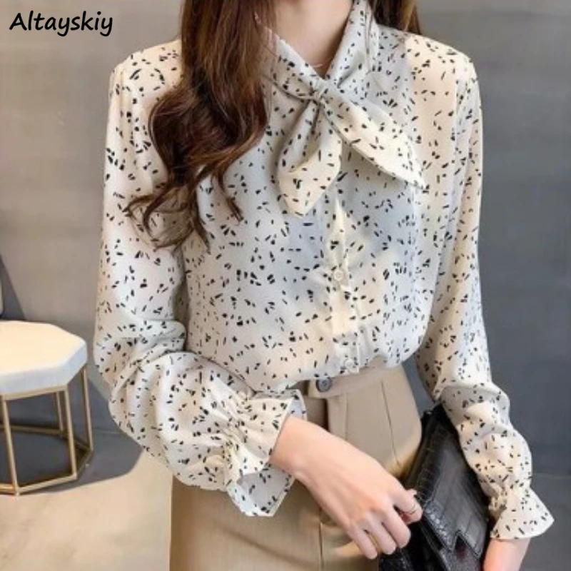 

Shirts Women Korean Style Fashion Elegant Print Spring Long Sleeve Baggy Cozy Tender Mature Female Chemise Mujer Romantic Chic