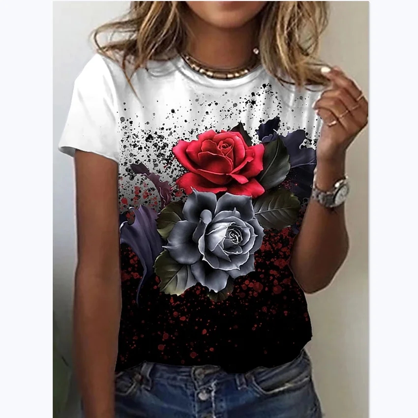 

Fashion Summer Short Sleeve Rose Flower Print Casual T-Shirt Women 3D Rose Print Round Neck Short Sleeve