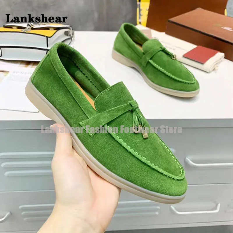 Suede Leather Tassel Pendant Loafers Women Round Toe Slip-On Flat Shoes for Women Casual Brand Shoes Comfort Walk Shoes Mujer