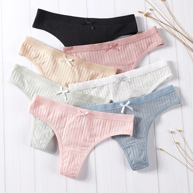 

1Pcs Female Sexy Thong Womens Cotton Panties Low Waist Thongs Striped Solid Underpants Comfortable G-String Intimate Lingerie