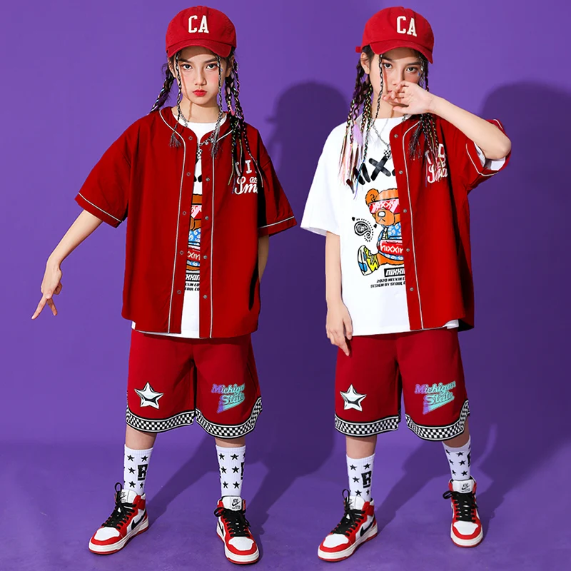 

Summer Jazz Dance Clothes for Girls Baseball Jacket Short Sleeve Top Loose Shorts Kids Practice Wear Hip Hop Performance Outfits