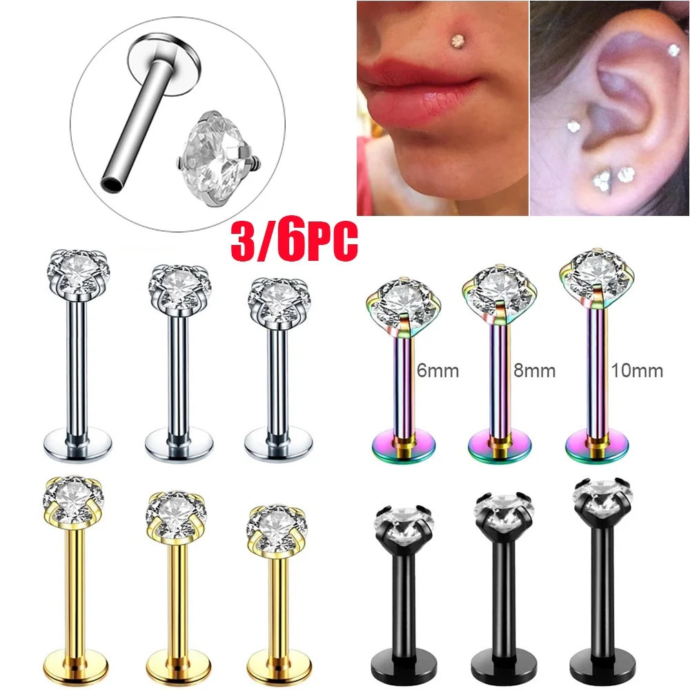 

3/6Pcs Stainless Steel Zircon Ear Studs Internally Threaded Lip Stud Labret Ring Tragus Cartilage Helix Piercing Earrings 16G