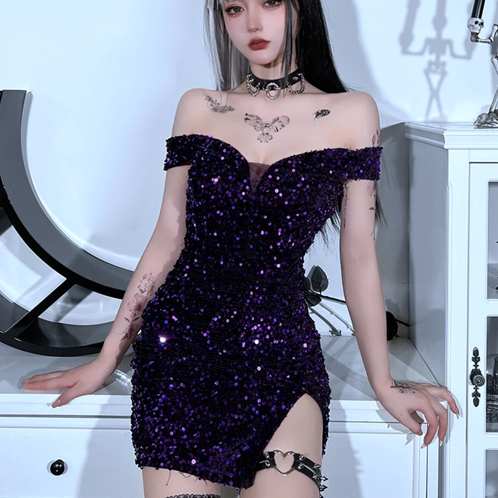 

Combhasaki Womens Off Shoulder Solid Color Sequined Decor Backless Zip-Up Slim Fit High Split Bodycon Dress Evening Party Cloth