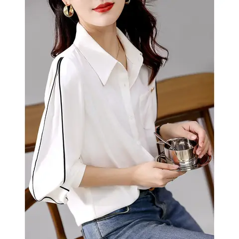 Office Ladys Simple Dvanced New Korean Fashion Shirts Women Clothing Blouses Temperament Commuter Design Versatile Pockets Tops