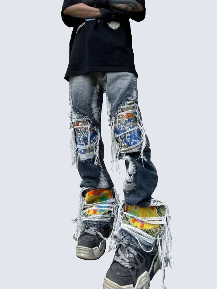 YIHANKE Y2K Embroidery Loose Jeans for Men  European and American High Street Style Washed Heavy Industry Brand Trousers Pants