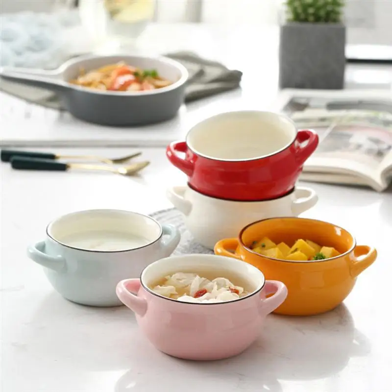

Double Handle Ceramic Soup Bowl Restaurant Rice Dessert Bowl Pudding Bowl Mini Baking Mold Oven Baking Cup Pudding Tableware