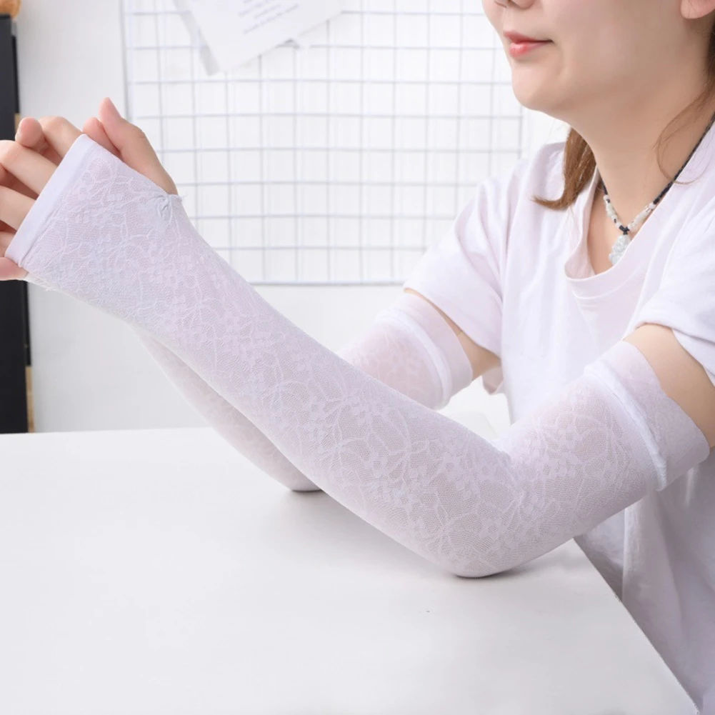 

Sun Protection Sleeves Ice Silk Lace Long Arm Cover Female Thin Cycling Gloves UV Protection Breathable Fingerless Gloves