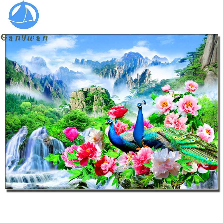 

Full Square/Round Diamond Embroidery Paintings Peacock Mosaic Peony flowers, waterfall scenery Cross Stitch Kit Diy Home Decor