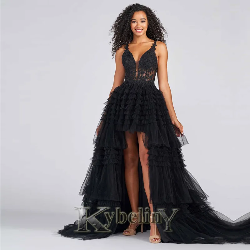 

Kybeliny Black Tiered Evening Dresses High-Low Tulle Prom Robe De Soiree Graduation Celebrity Vestidos Fiesta Women Formal