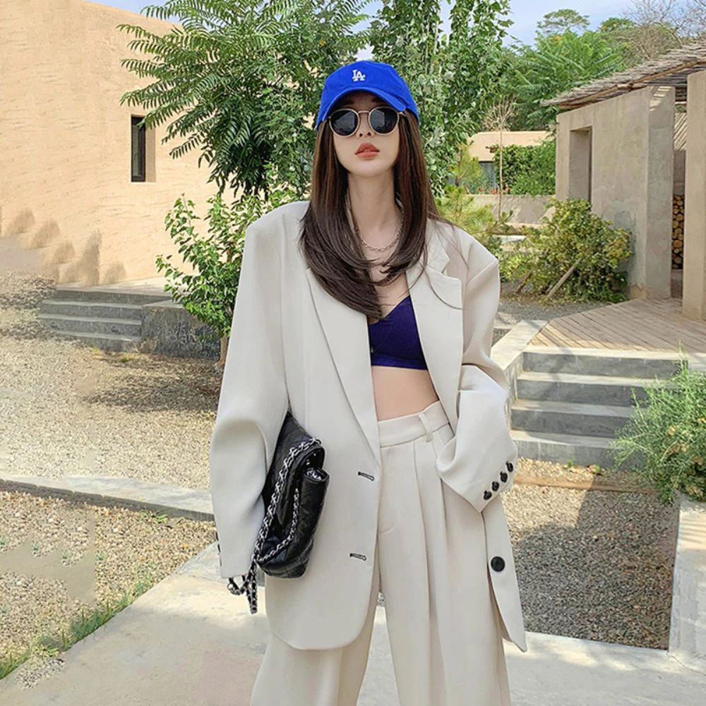 Women Pant Sets Office Lady White Blazer Suits Traf 2023 Female Long Sleeve Fashion Loose Coat+High Waist Wide Leg Trousers