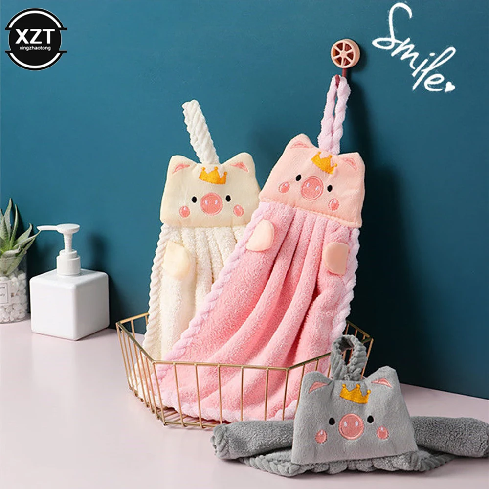 

1Pcs Soft Korean Style Hand Towel Cartoon Pig Embroidery Handkerchief For Wall Mounted For Kitchen Supplies Cleaning Tools