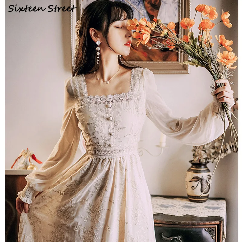 

Embroidery Lace Maxi Dresses Woman Square Collar Long Sleeve Runway Evening Party Dress Ladies Vestido High Waist Apricot Dress