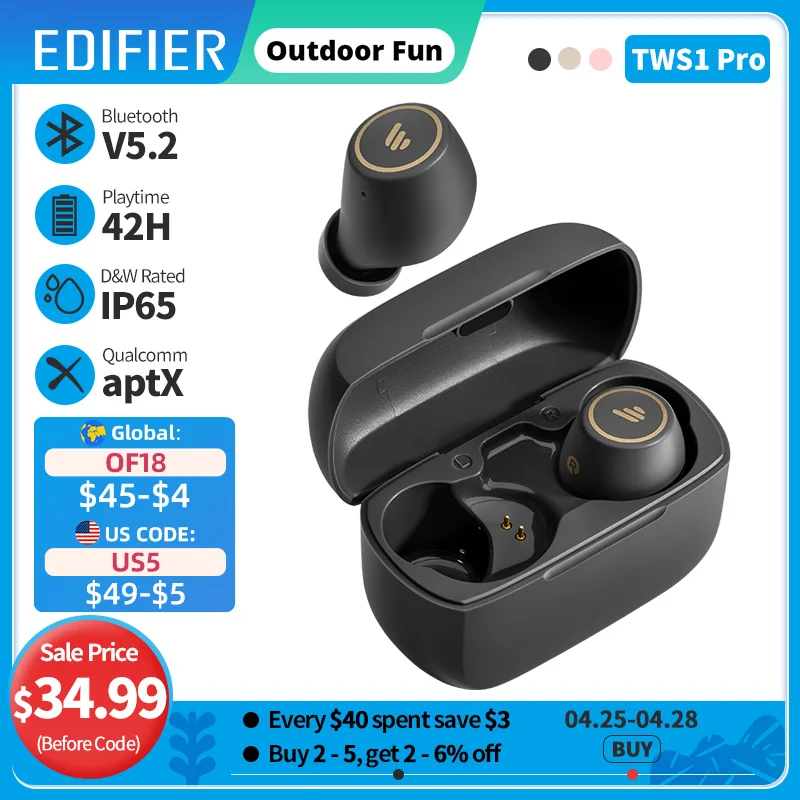 

EDIFIER TWS1 Pro TWS Wireless Bluetooth Earphone aptX Bluetooth V5.2 up to 42hrs playback time Fast charging capabilities