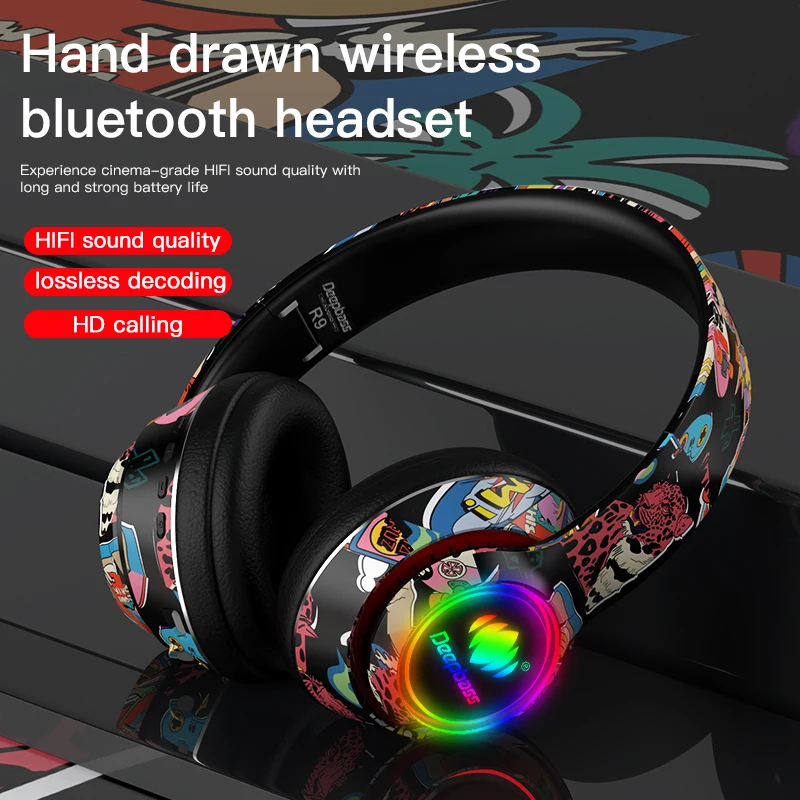 

Fashion Cool Graffiti Bluetooth 5.1 Earphones Over Ear LED Glow HiFi Wireless Headphones Gaming Sport Headset Fone With Mic FM