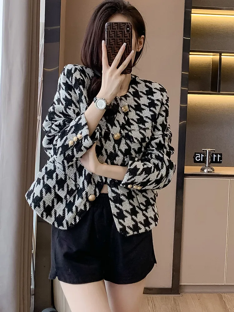 

2023 French Small Fragrance Houndstooth Jacket Women Luxury Design New Spring Temperament Celebrity Woolen Coats Outwear