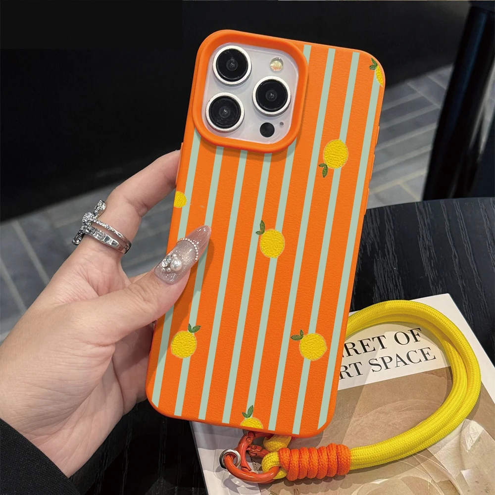 Фото Чехлы для телефонов из кожи с полосатым лимонным принтом и ремешком на руку для iPhone 17, 13, 11, 12 Pro Max Plus, 15, 14, 16, XR, XS, 17 Air с ремешком-шнурком №3