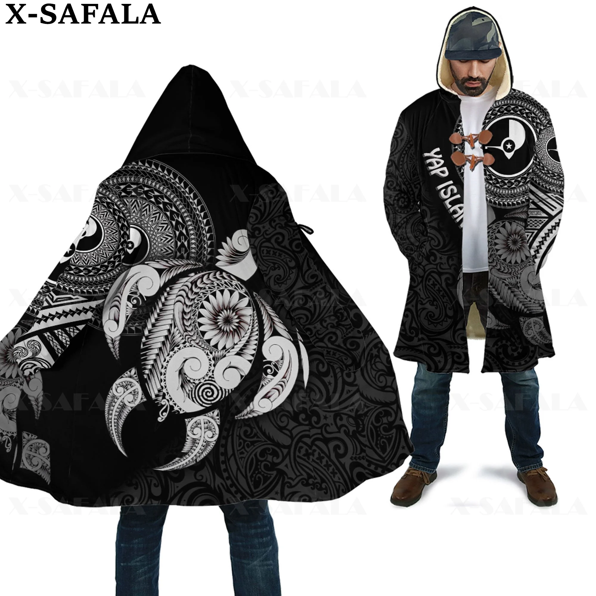 

Плотная Теплая мужская накидка с капюшоном и 3D-принтом в виде черепахи из Полинезии, пальто, ветрозащитное одеяло-1