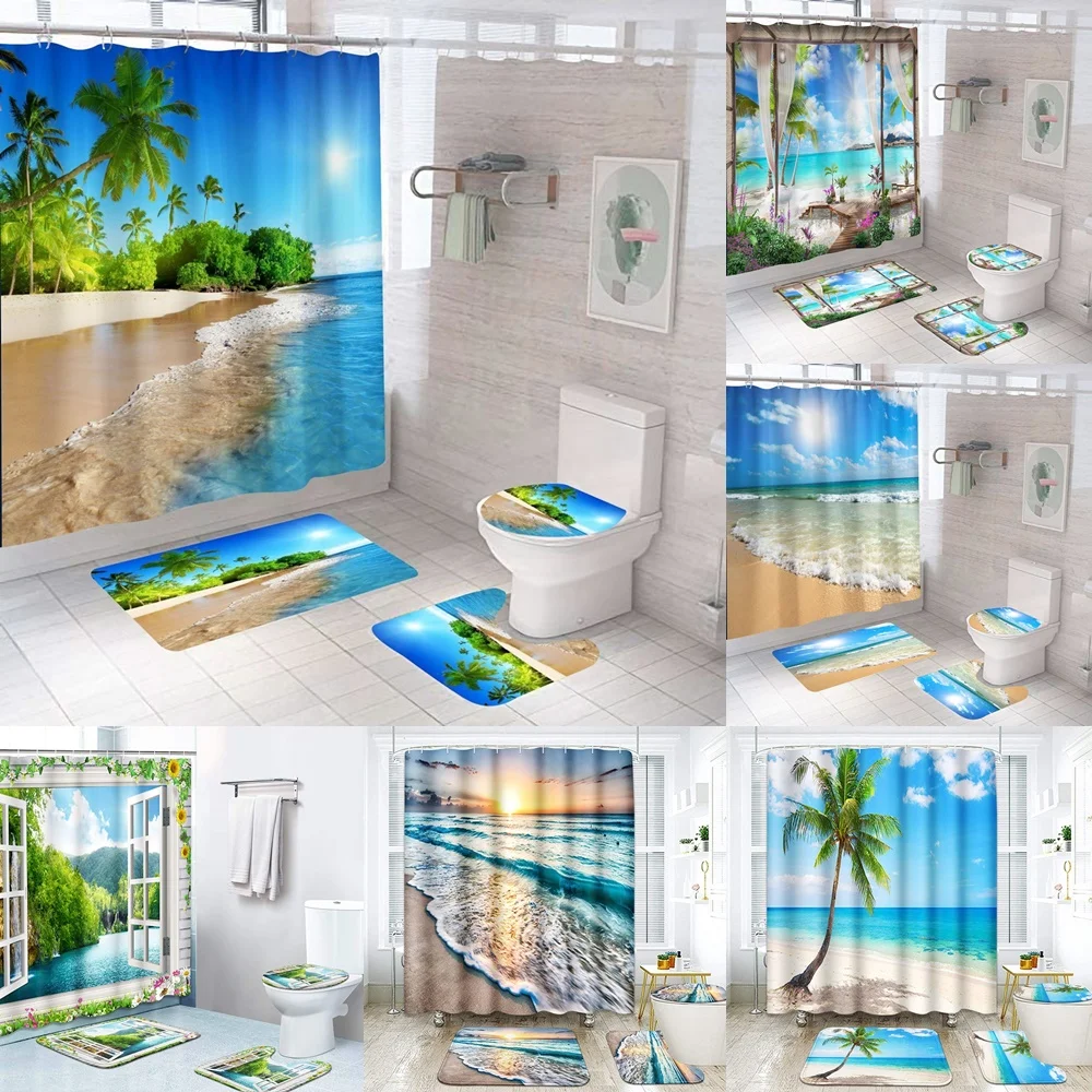 

Ocean Beach Shower Curtain Sets Waterproof Sea Wave Blue Sky Hawaii Scenery Bathroom Bathtub Curtains Bath Mats Rug Toilet Cover