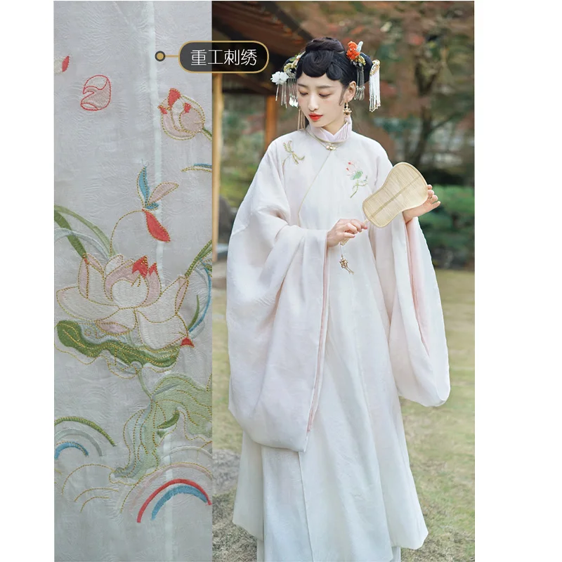 Original Ming Dynasty Stand Collar Lotus Embroidered Large Sleeved Hanfu Robe Horse Faced Skirt Ancient Princess Cosplay Costume