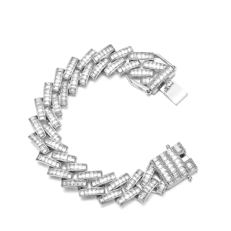 

19mm Baguette Square Cz Stone Cuban Link Bracelet Iced Out Cubic Zircon With Solid Back For Men Women Hip Hop Jewelry Dropship