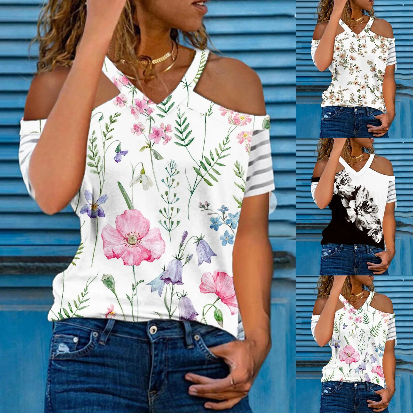 

Women's V Neck Short Sleeve T Shirt Off The Shoulder Sexy Top Floral Printed Cotton Long Sleeve Tee Women Women Athletic Shirt