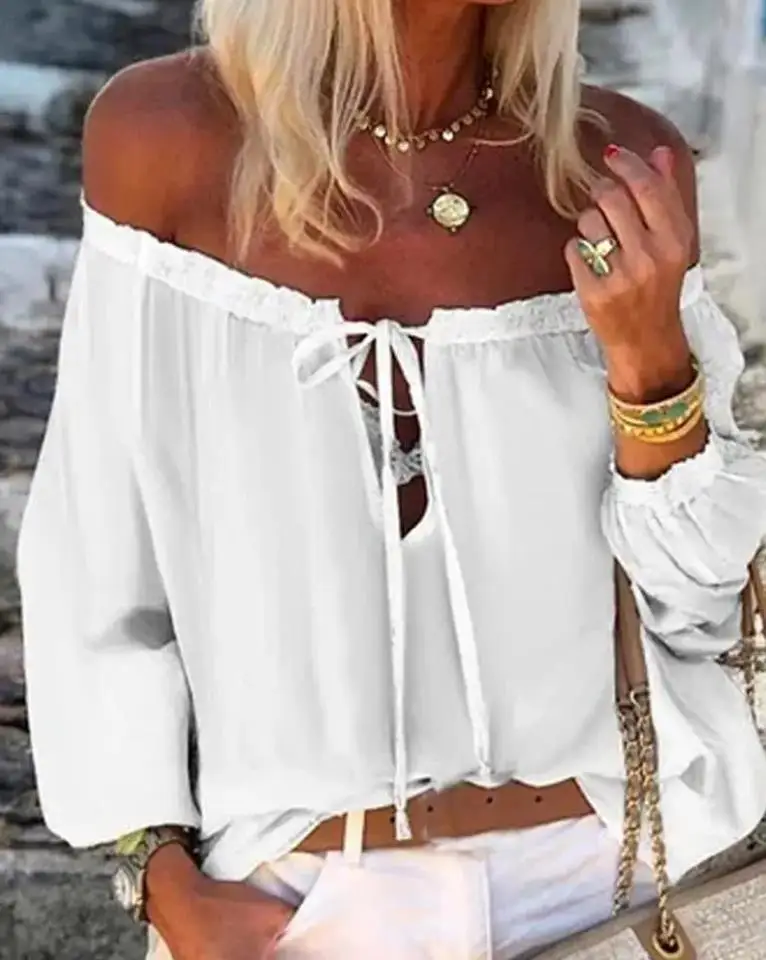 Women Off Shoulder Blouse Fashion Frill Hem Top Summer Sexy Slansh Neck Shirt White Elegant Female Streetwear