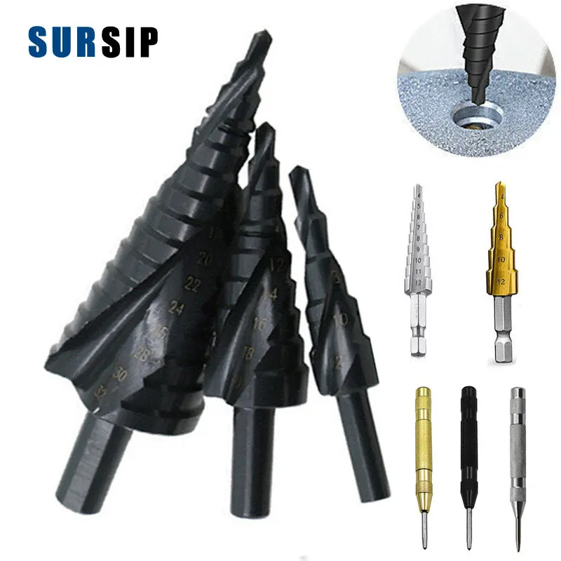 Купи 3 PCS 4-12/20/32mm Step Drill Bit Titanium Coated Cobalt Black/Gold/Silver Cone Flute for Steel Wood Metal Hole HSS Grooved Bit за 523 рублей в магазине AliExpress