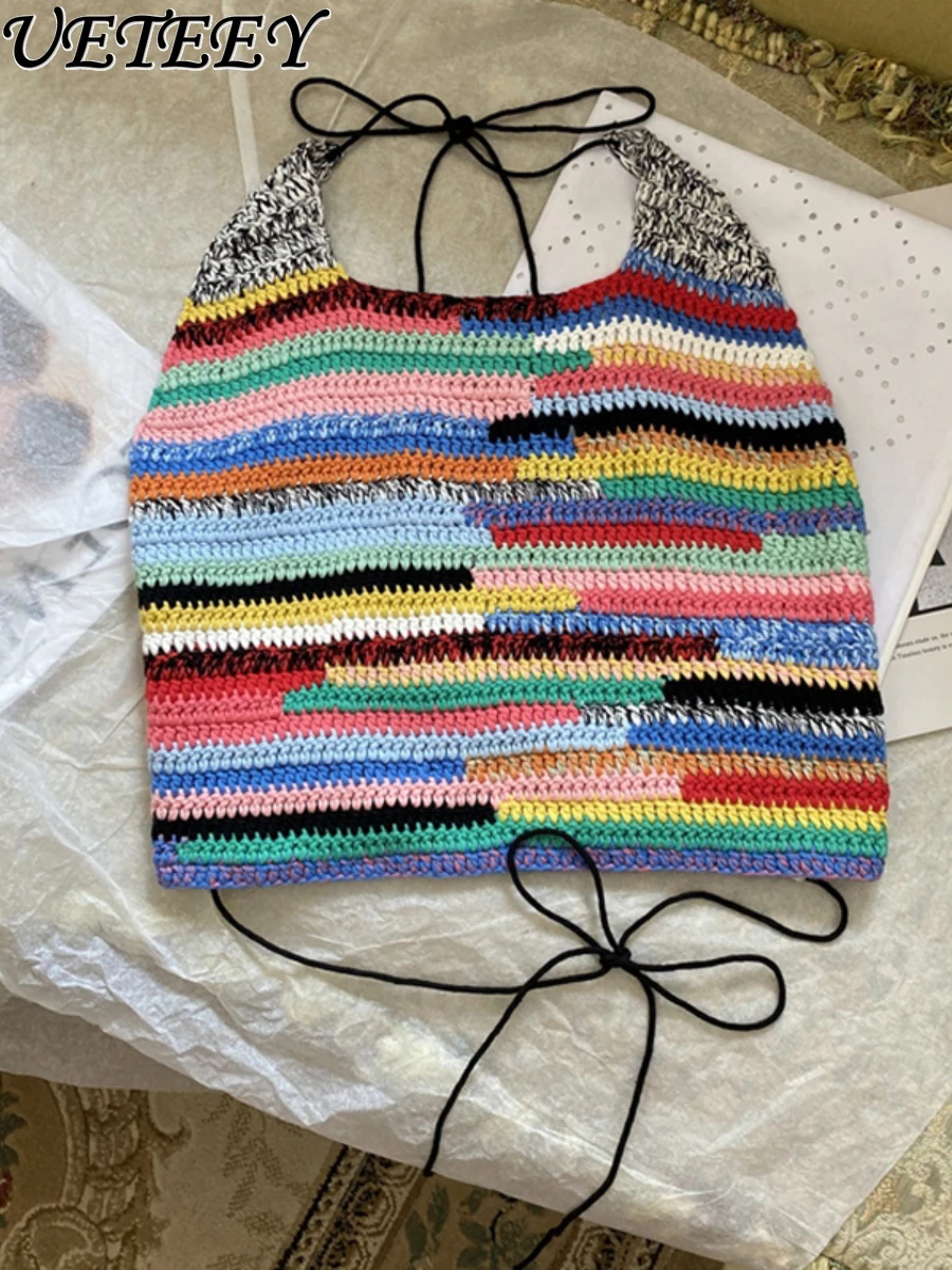 

2023 Autumn New Rainbow Hand Crochet Sweater Vest Women High Sense Sexy Spring Summer Backless Halter Crocheted Short Tank Top