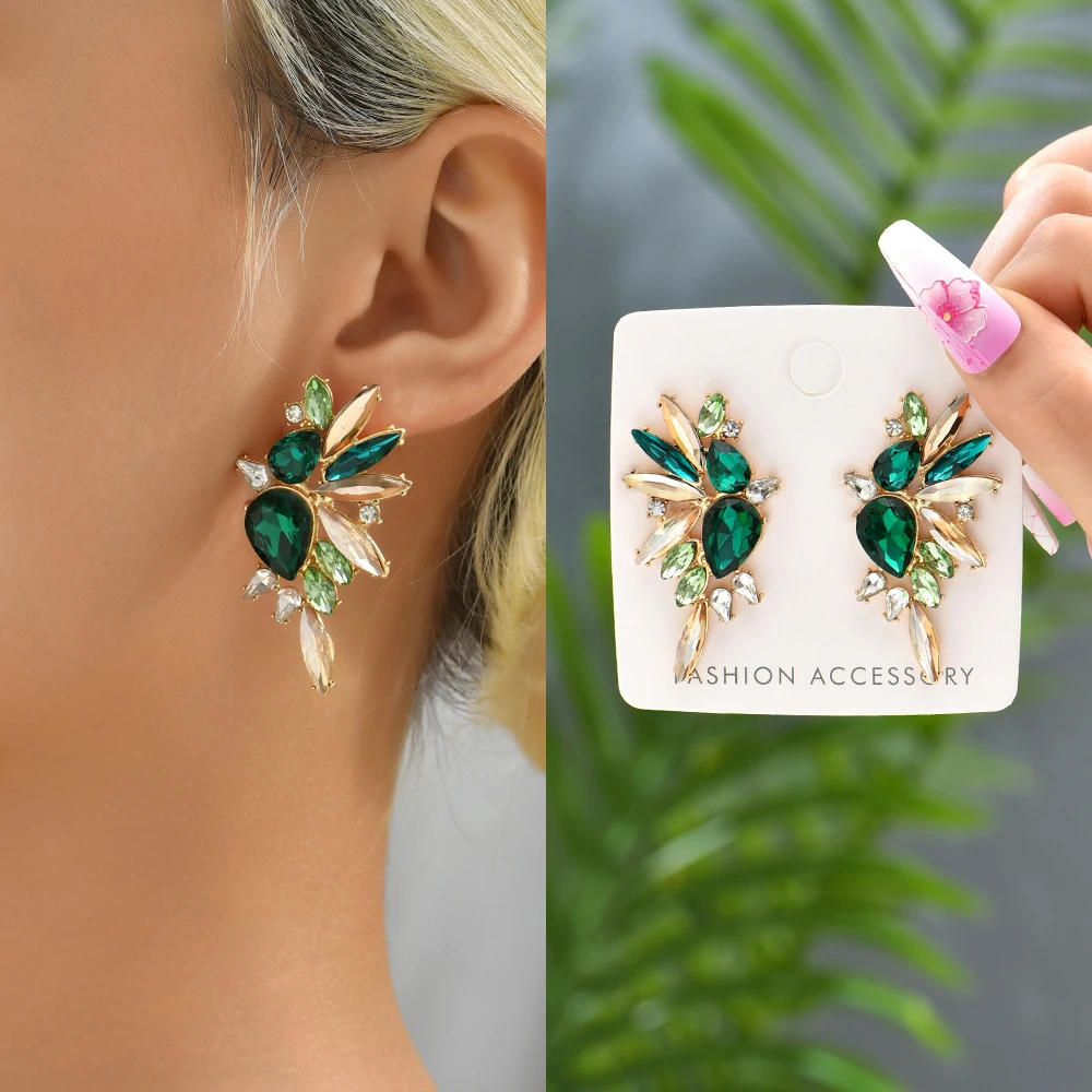 

Vintage Green Rhinestone Wings Earrings For Women 2023 Luxury Design Party Geometric Piercing Pendientes French Elegant Jewelry