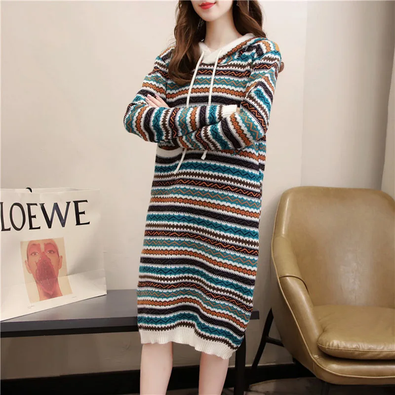 Длинные свитера для женщин мода 2025 года с длинным рукавом в полоску элегантный