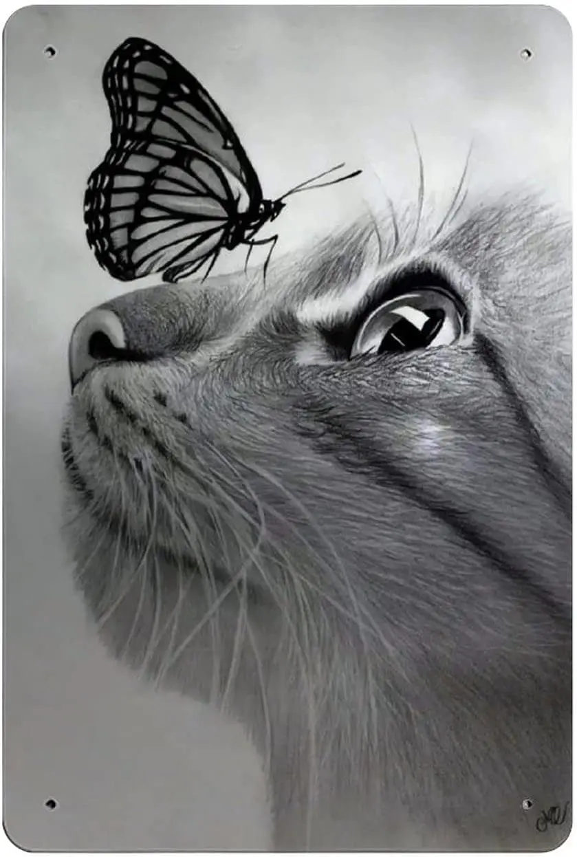 

Cat With A Butterfly Metal Tin Sign, Vintage Plaque Poster Garage Bar Home Wall Decor 8 X 12 Inches