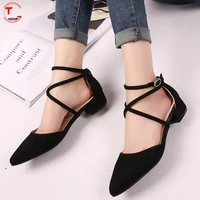 women buckle casual cross strap suede summer pumps new 2022 ladies pointed toe square low heels female flock fashion shoestghdof