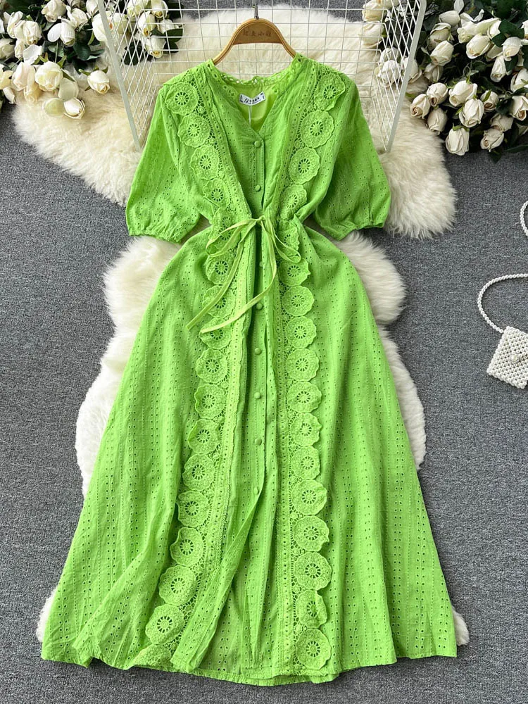 

Женское однобортное платье с вышивкой, летнее платье во французском стиле с V-образным вырезом и пышными рукавами, модель D1401